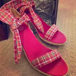 Pink Plaid Tie Wedge Espadrille Shoes
